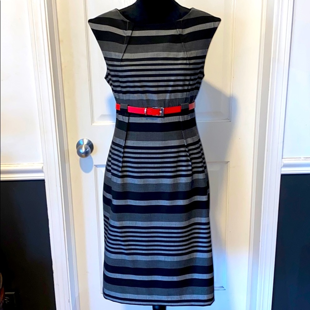 EUC Calvin Klein Gray Striped Dress w/ Red Belt